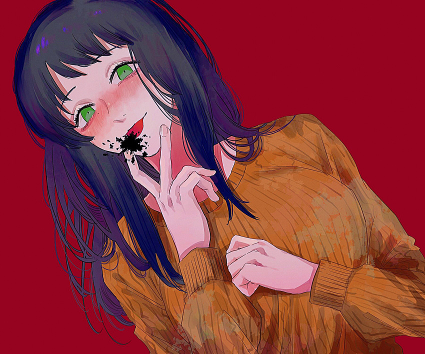 1girl, 4chi, black_hair, blush, chainsaw_man, green_eyes, hand_to_own_mouth, highres