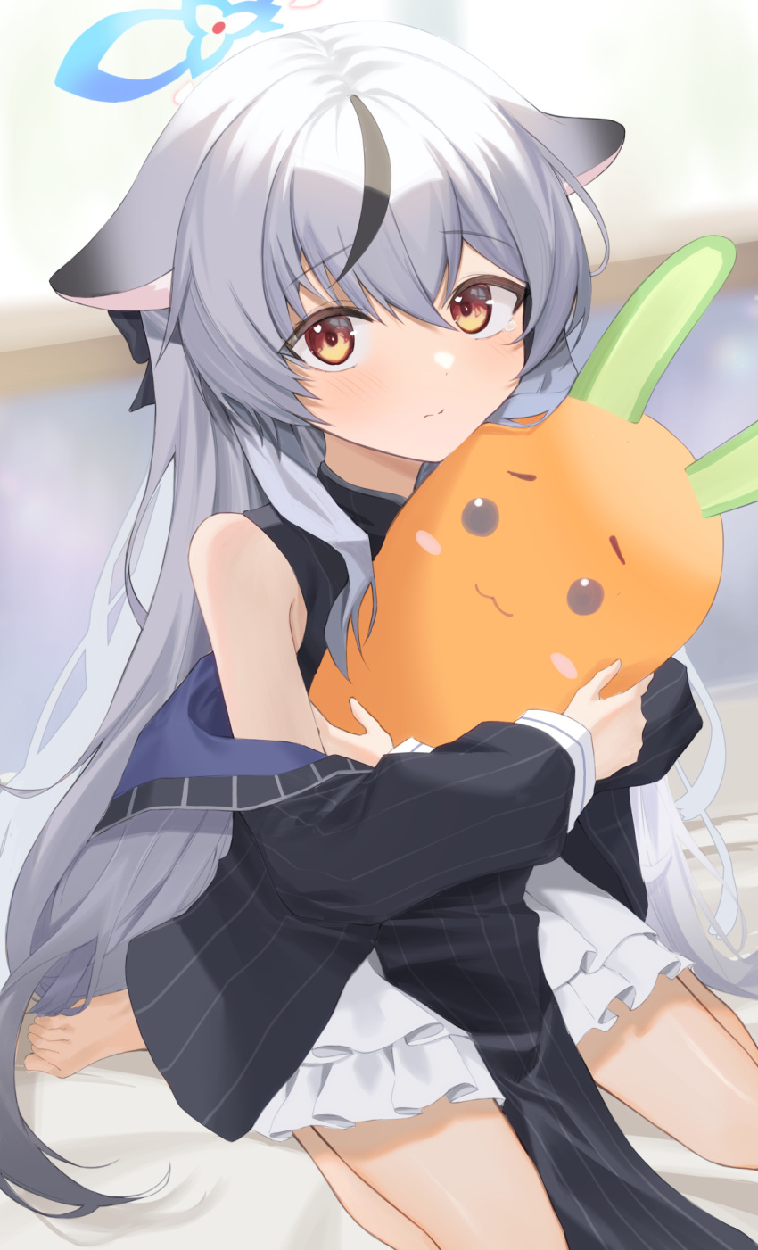 animal_ears, arm_out_of_sleeve, barefoot, bed, bed_sheet, black_coat, blue_archive, blurry