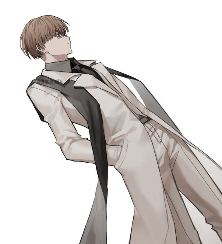 1boy, belt, black_necktie, black_scarf, black_shirt, brown_hair, closed_mouth, coat, collared_shirt, drggarashi, dutch_angle, from_side, glasses, hand_in_pocket, long_sleeves, necktie, open_clothes, open_coat, pants, po_bidau_gustang, scarf, shirt, short_hair, solo, tower_of_god, vest, white_background, white_coat, white_pants, white_vest