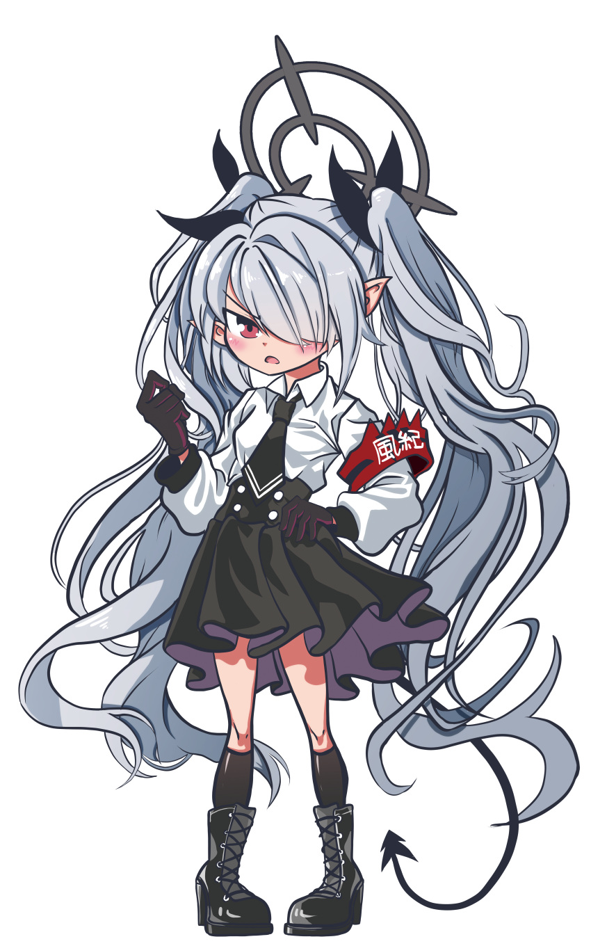 1girl, absurdres, aghanseonmul, armband, black_footwear, black_gloves, black_socks, blue_archive, boots, breasts, chibi, collared_shirt, commentary_request, dark_skin, demon_girl, demon_tail, gloves, grey_hair, hair_over_one_eye, hair_ribbon, halo, hand_on_hip, highres, iori_(blue_archive), knee_boots, kneehighs, long_hair, long_sleeves, looking_at_viewer, necktie, pleated_skirt, pointy_ears, red_eyes, ribbon, school_uniform, shirt, sidelocks, simple_background, skirt, small_breasts, socks, solo, tail, transparent_background, twintails, two-tone_gloves