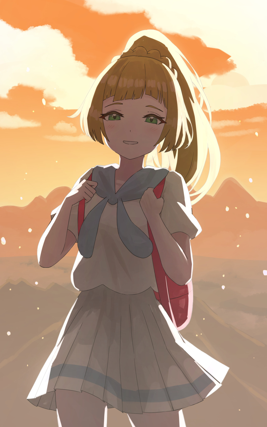 1girl, absurdres, backpack, bag, blonde_hair, braid, clouds, commentary_request, cowboy_shot, eyelashes, green_eyes, half-closed_eyes, hands_up, highres, holding_strap, lillie_(pokemon), long_hair, outdoors, parted_lips, pearlbbbb, pleated_skirt, pokemon, pokemon_(game), pokemon_sm, ponytail, shirt, short_sleeves, skirt, sky, smile, solo, sunset, twilight, white_shirt, white_skirt