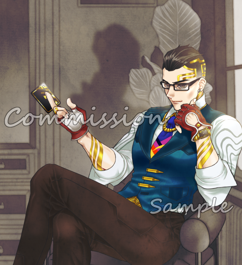 1boy, animification, blue_vest, brown_hair, brown_pants, card, chair, chamber_(valorant)