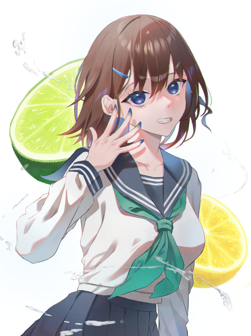 1girl, atora, blue_eyes, blue_nails, brown_hair, collarbone, food, fruit