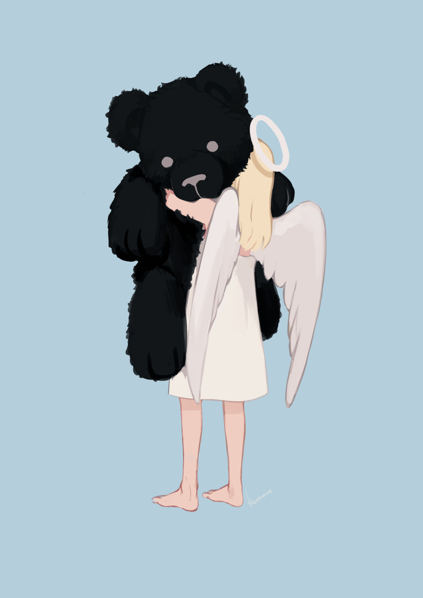 1girl, absurdres, angel, angel_wings, barefoot, blonde_hair, blue_background, commentary