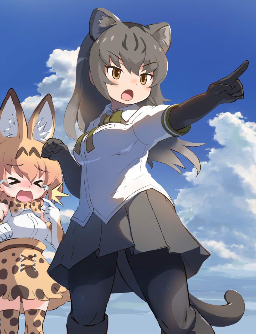 >_<, 2girls, animal_ears, black_gloves, black_hair, black_pantyhose, blonde_hair, blush