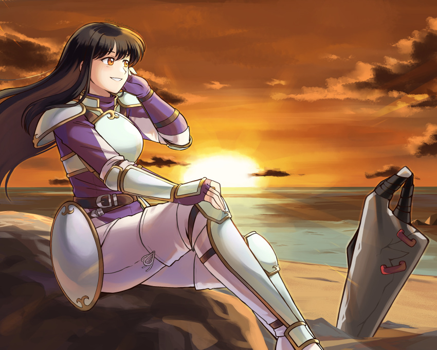 1girl, absurdres, armor, astrid_(fire_emblem), beach, betabetamaru, black_hair, breastplate