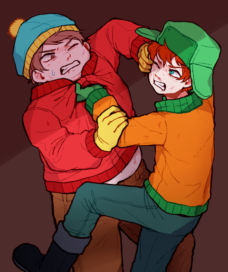 2boys, angry, animification, blood, boots, brown_hair, coat, eric_cartman