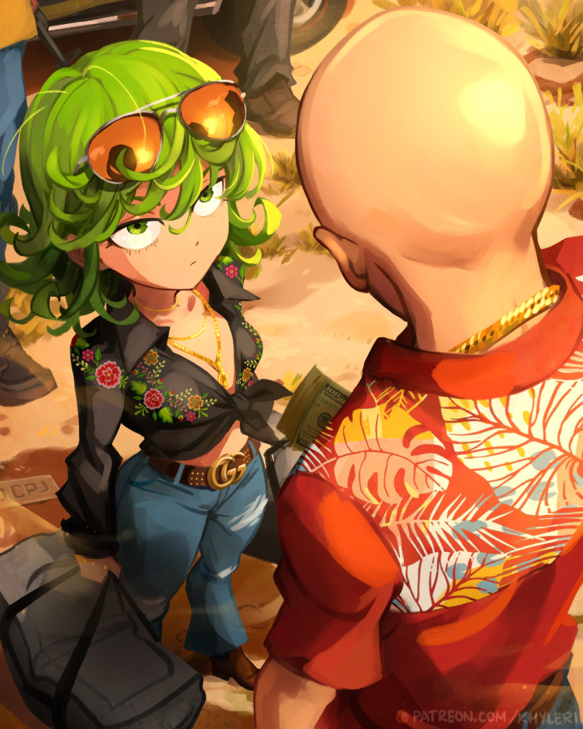 1girl, 2others, absurdres, bag, bald, black_shirt, breaking_bad, chain, collared_shirt, commentary, denim, english_commentary, eyewear_on_head, gold_chain, green_eyes, green_hair, gucci, height_difference, highres, holding, holding_bag, jeans, khyle., looking_at_another, money, multiple_others, one-punch_man, pants, saitama_(one-punch_man), scene_reference, shirt, standing, sunglasses, tatsumaki, torn_clothes, torn_jeans, torn_pants