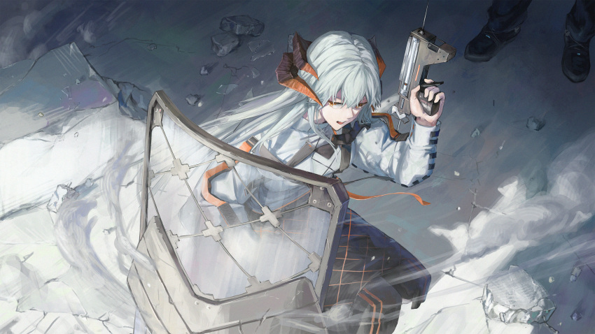 1girl, 1other, absurdres, arknights, black_skirt, brown_eyes, dragon_horns, from_above