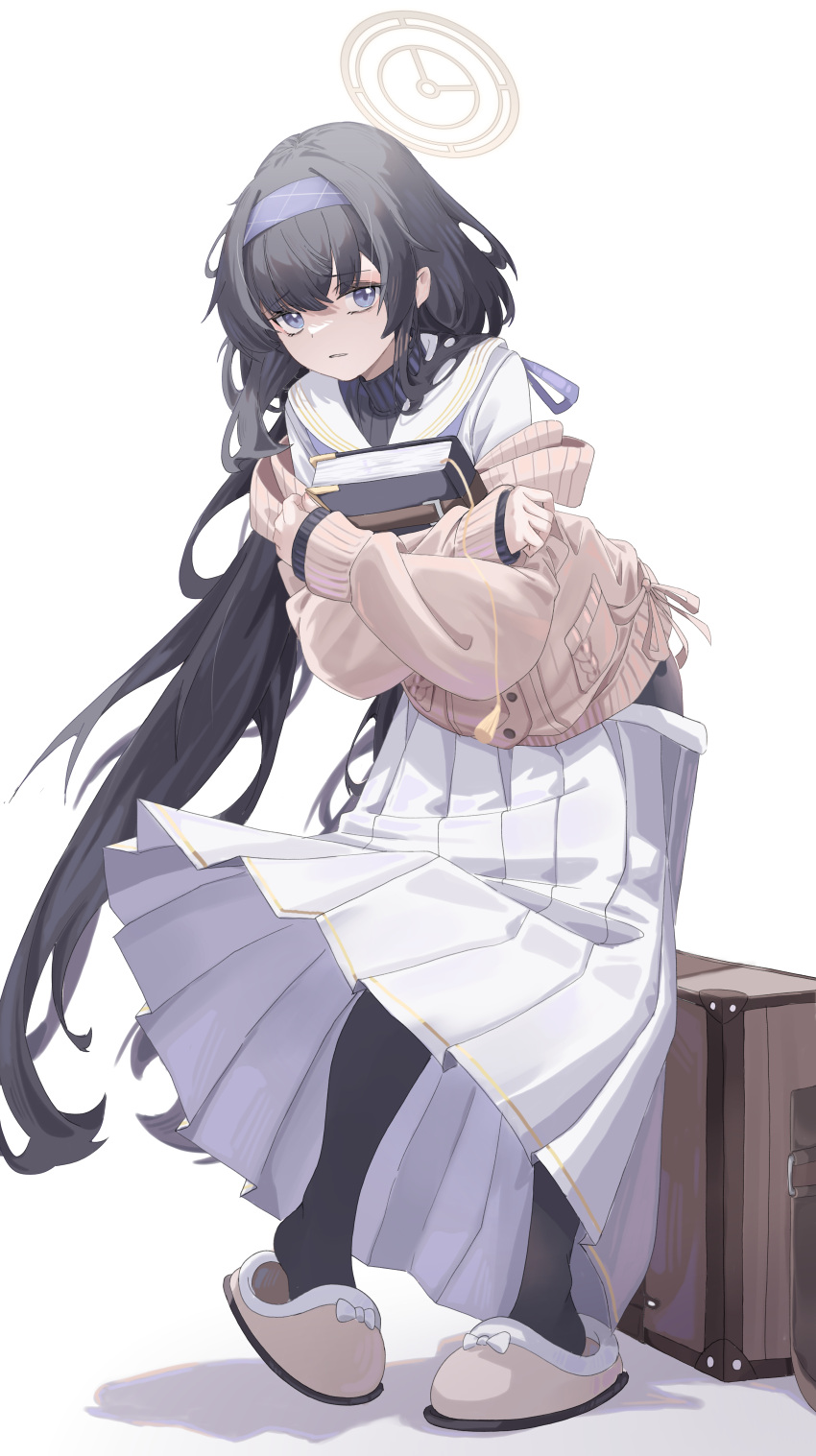 1girl, absurdres, bags_under_eyes, black_hair, black_pantyhose, black_undershirt, blue_archive, blue_hairband