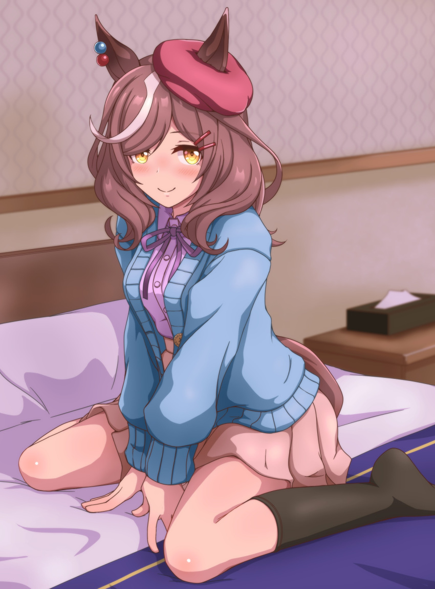 1girl, absurdres, alternate_costume, animal_ears, bed, beret, breasts, casual