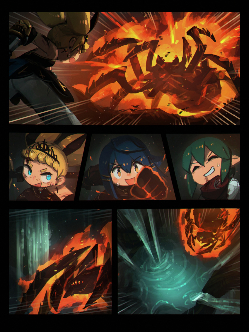 1boy, 2boys, absurdres, blonde_hair, blue_eyes, blue_hair, bug, circlet
