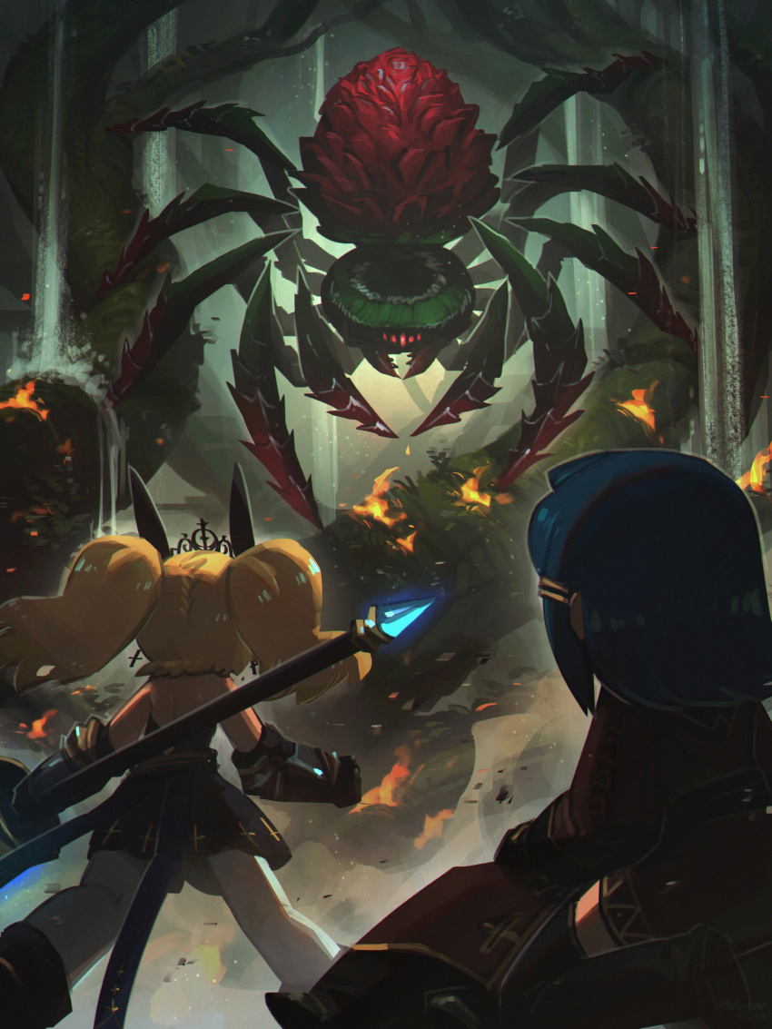 1boy, 2girls, absurdres, backless_outfit, blonde_hair, blue_hair, bug, circlet