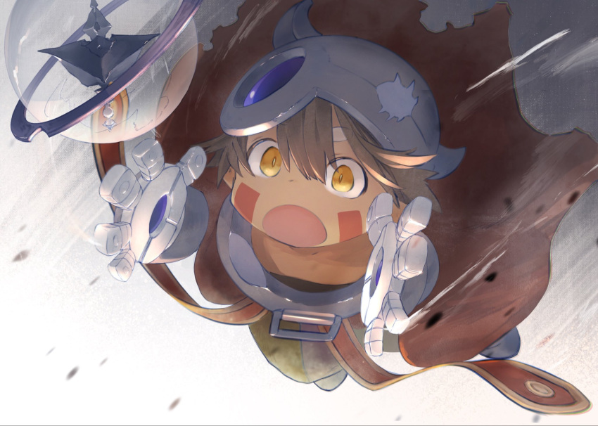 1boy, brown_hair, cape, dark_skin, facial_mark, fake_horns, falling, headlamp, helmet, highres, hitosoroi, horned_helmet, horns, made_in_abyss, male_focus, mechanical_arms, open_mouth, regu_(made_in_abyss), short_hair, solo, star_compass, yellow_eyes