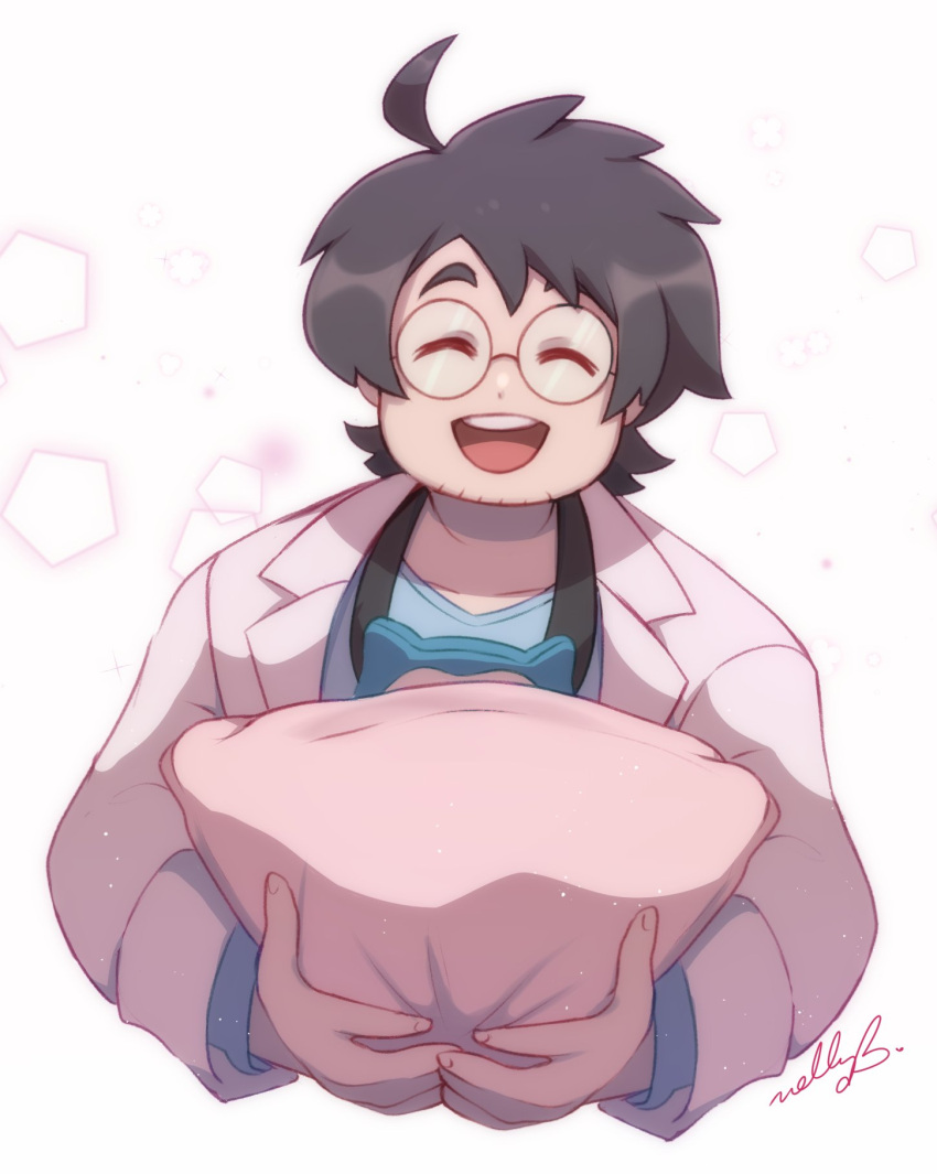 1boy, :d, ahoge, black_hair, blue_shirt, closed_eyes, coat, commentary