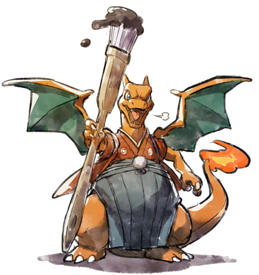 brown_kimono, charizard, claws, clothed_pokemon, commentary_request, fangs, fire, flame, flame-tipped_tail, full_body, grey_eyes, holding, holding_paintbrush, japanese_clothes, kakizome, kimono, meganemido, no_humans, open_mouth, paintbrush, pokemon, pokemon_(creature), solo, standing, tongue, white_background