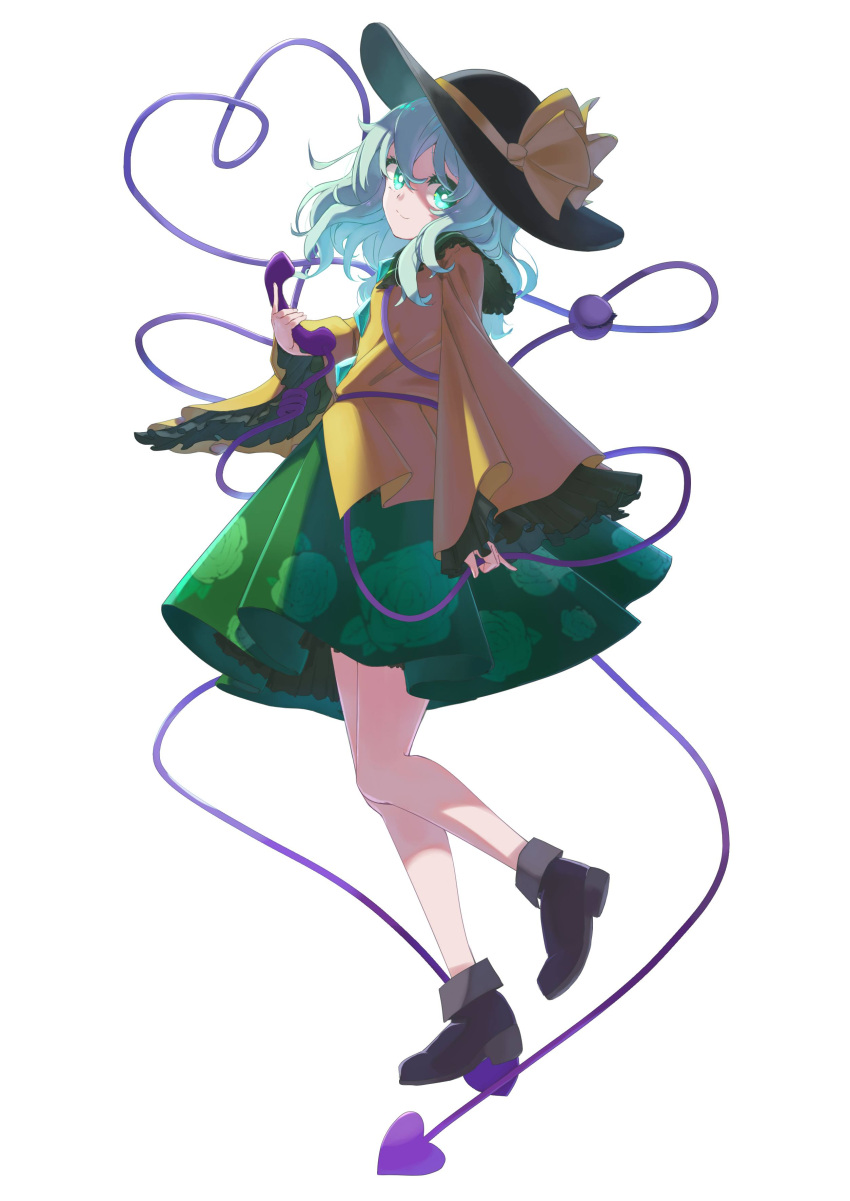 1girl, absurdres, bitan_san, black_footwear, black_headwear, bright_pupils, closed_mouth, commentary, floral_print, full_body, green_eyes, green_hair, green_skirt, hat, hat_ribbon, heart, heart_of_string, highres, holding, holding_phone, komeiji_koishi, long_sleeves, looking_at_viewer, medium_hair, phone, ribbon, rose_print, shirt, simple_background, skirt, solo, standing, standing_on_one_leg, third_eye, touhou, white_background, white_pupils, wide_sleeves, yellow_ribbon, yellow_shirt