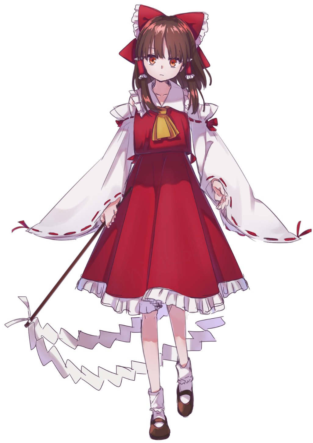 1girl, ascot, bitan_san, black_footwear, bow, brown_hair, closed_mouth, collarbone