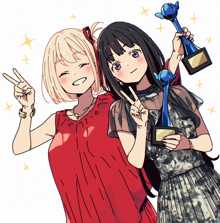 2girls, ^_^, anzai_chika, black_hair, blonde_hair, blush, bracelet, closed_eyes
