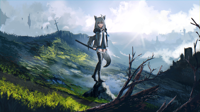 1girl, absurdres, advarcher, ahoge, animal_ear_fluff, animal_ears, bare_tree, black_jacket