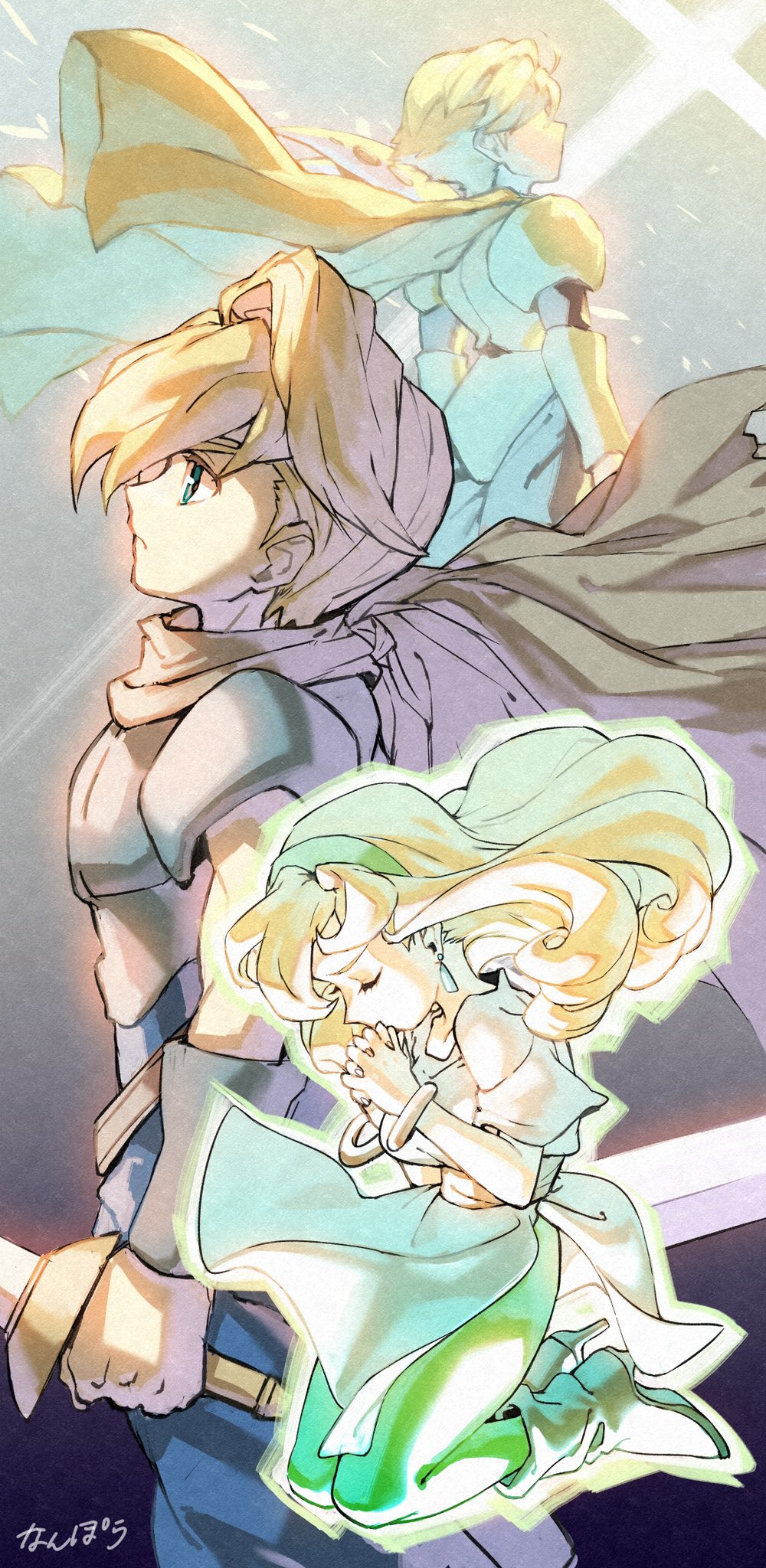 1girl, armor, bahamut_lagoon, blonde_hair, byuu, cape, closed_mouth, earrings