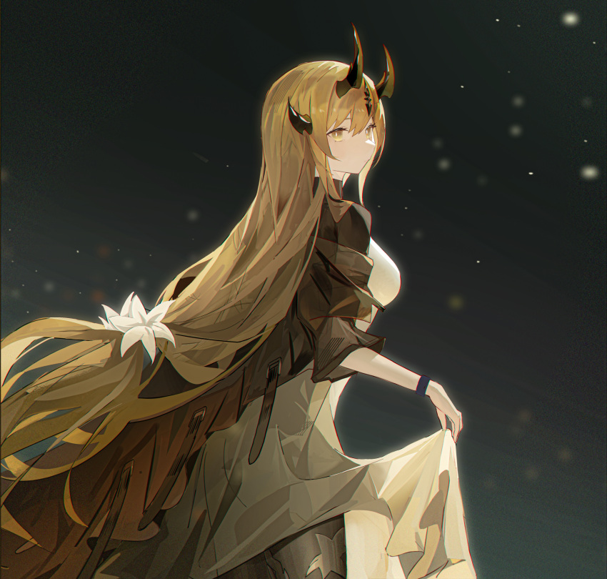 1girl, absurdres, arknights, black_background, black_pantyhose, black_shirt, blonde_hair, breasts