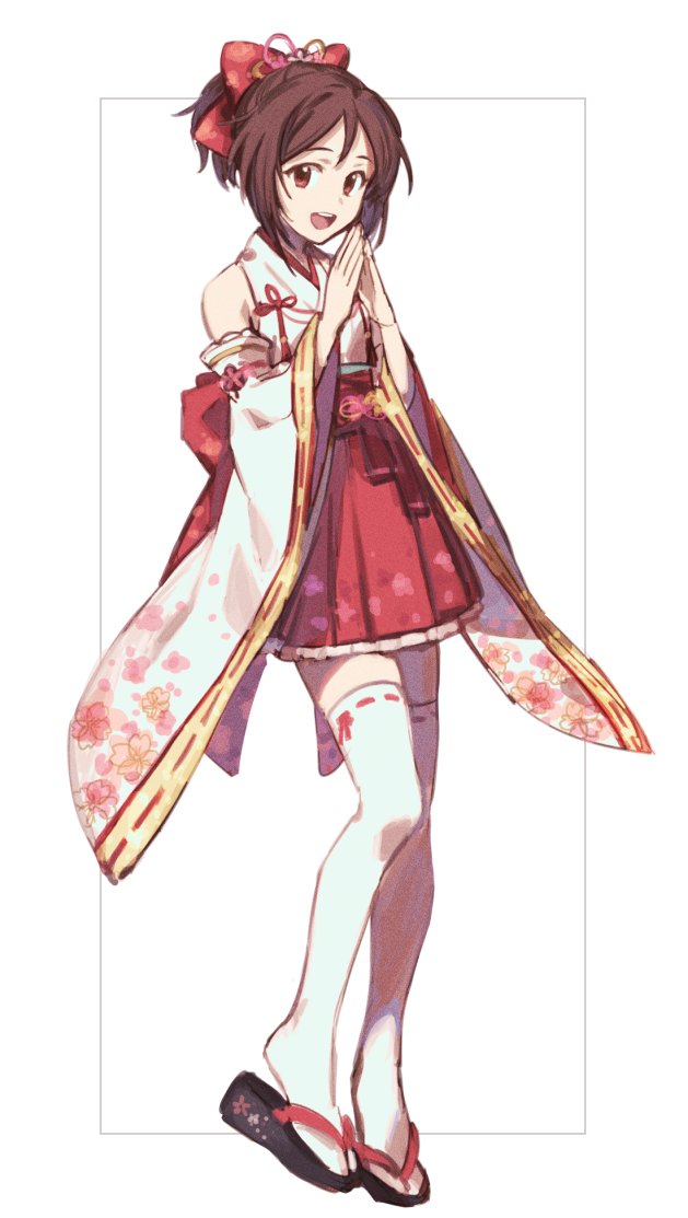 1girl, bare_shoulders, bow, brown_eyes, brown_hair, detached_sleeves, domyoji_karin, full_body