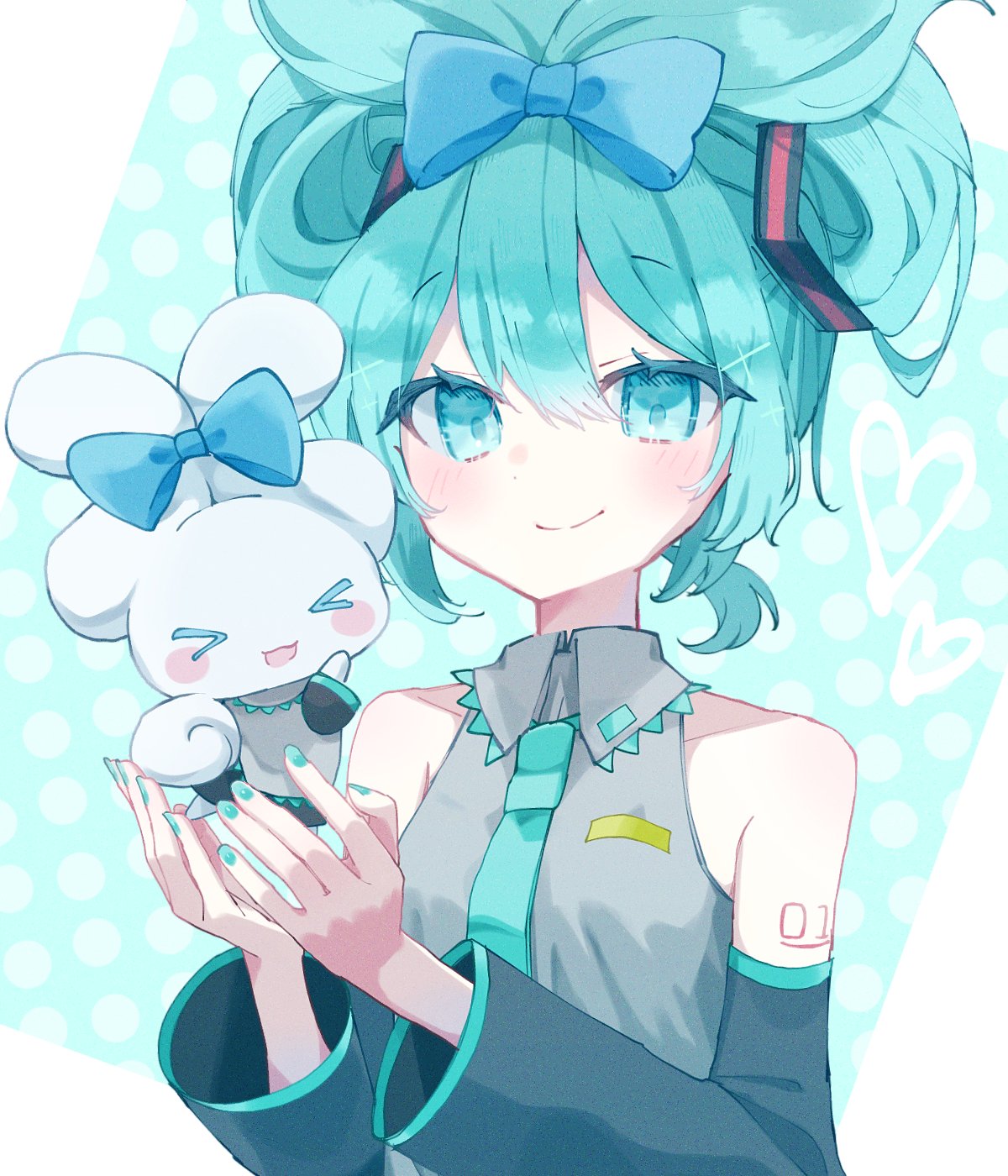>_<, 1girl, :d, aqua_background, aqua_eyes, aqua_hair, aqua_nails, aqua_necktie