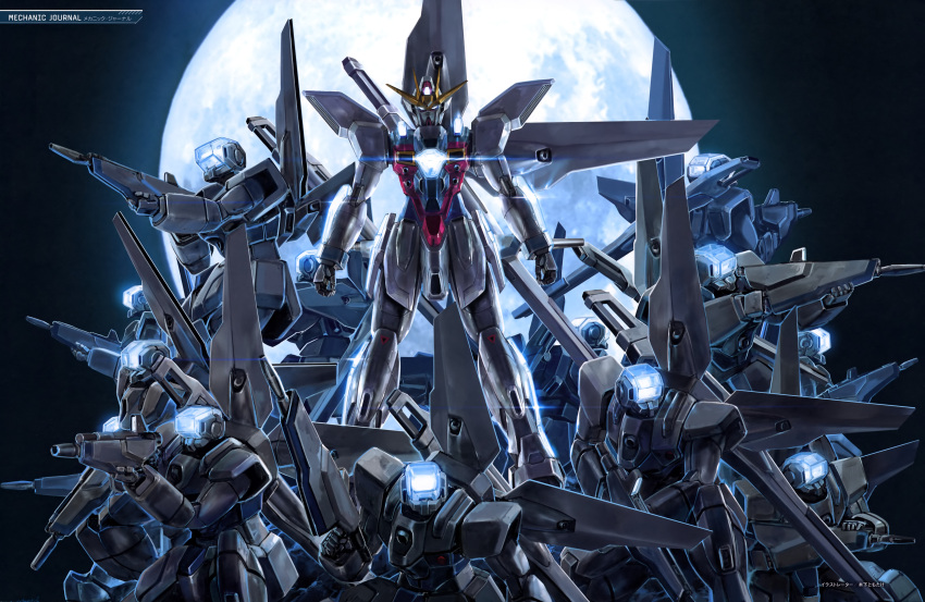 absurdres, after_war_gundam_x, beam_cannon, blue_eyes, full_moon, glowing, glowing_eyes, gun