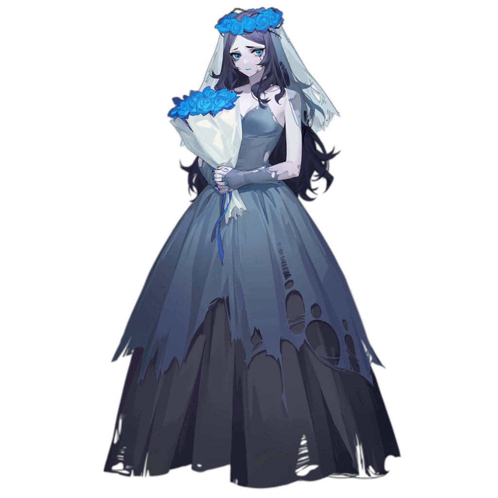 artist_request, bare_shoulders, blue_dress, blue_eyes, blue_flower, blue_gloves, blue_lips, blue_nails, blue_ribbon, bouquet, breasts, bridal_gauntlets, bridal_veil, bride, closed_mouth, corpse_bride_(girls'_frontline), dress, expressionless, flower, flower_request, girls_frontline, gloves, grey_hair, halloween, halloween_costume, head_wreath, holding, holding_bouquet, layered_dress, long_dress, long_hair, looking_at_viewer, medium_breasts, nail_polish, official_art, own_hands_clasped, own_hands_together, pale_skin, parted_bangs, ribbon, simple_background, torn_clothes, torn_dress, torn_gloves, torn_veil, transparent_background, veil, very_long_hair, zombie