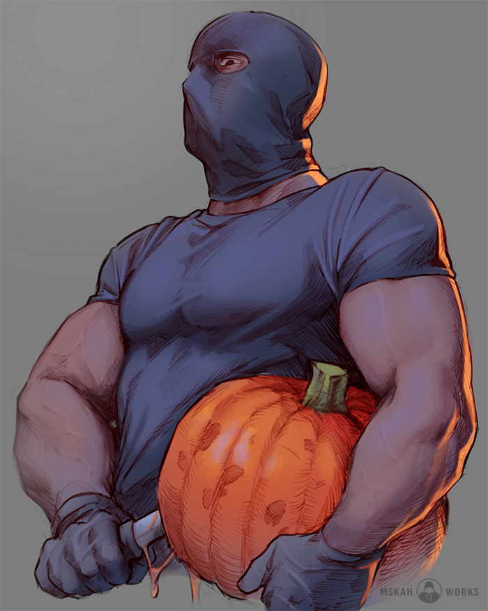 1boy, artist_name, black_gloves, black_shirt, brown_background, cropped_torso, food, gloves