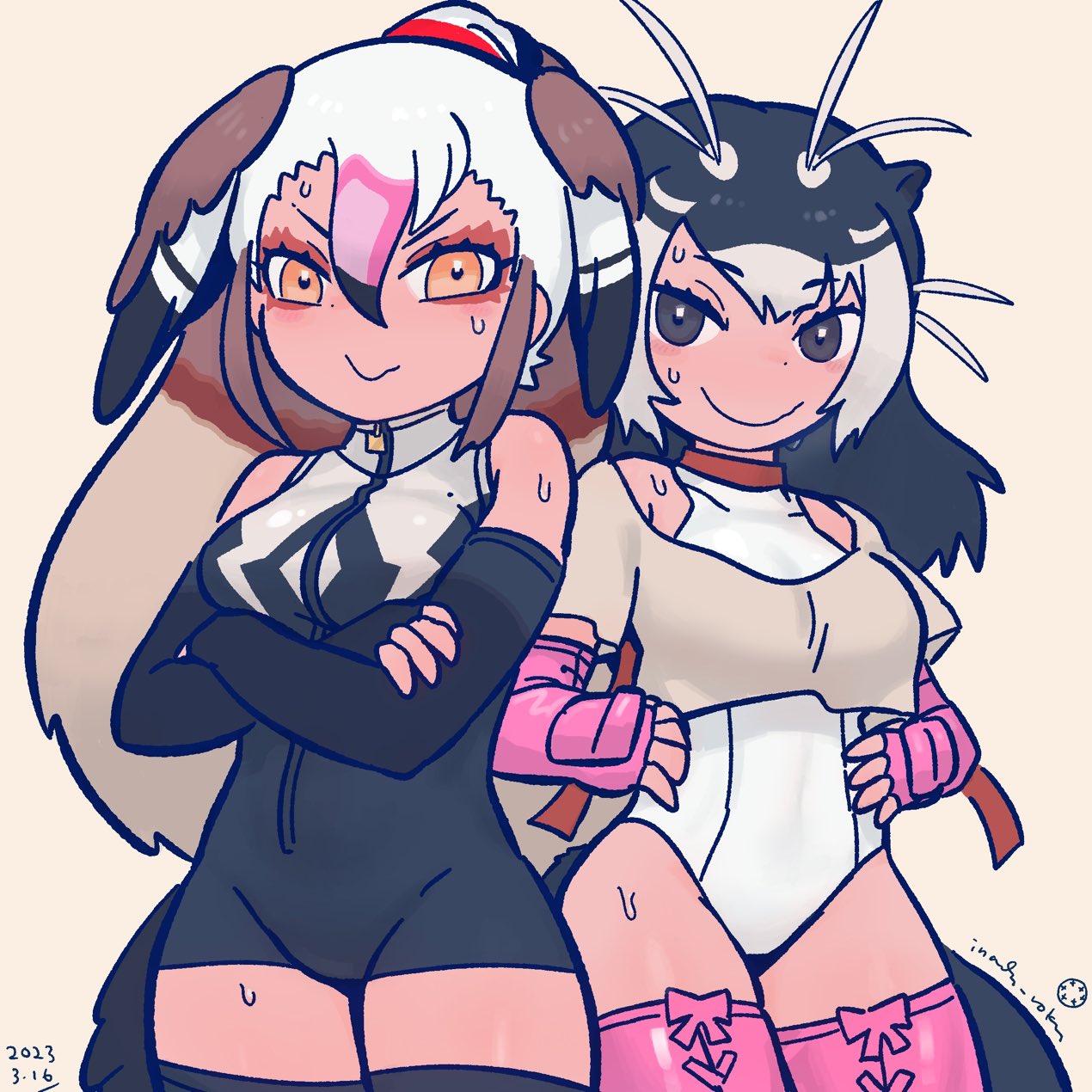 2girls, animal_ears, antenna_hair, artist_name, bare_shoulders, bird_girl, bird_tail, bird_wings, black_eyes, black_hair, brown_hair, closed_mouth, cosplay, costume_switch, cowboy_shot, cropped_shirt, crossed_arms, egyptian_goose_(kemono_friends), elbow_gloves, eyelashes, fingerless_gloves, giant_otter_(kemono_friends), giant_otter_(kemono_friends)_(cosplay), gloves, grey_hair, hair_between_eyes, head_wings, high_ponytail, highres, inada_roku, kemono_friends, leotard, leotard_under_clothes, light_blush, long_hair, looking_at_viewer, makeup, multicolored_hair, multiple_girls, one-piece_swimsuit, orange_eyes, otter_ears, otter_girl, otter_tail, pink_hair, shirt, short_sleeves, side-by-side, simple_background, smile, sweat, swimsuit, tail, tan, thigh-highs, turtleneck, turtleneck_swimsuit, two-tone_hair, very_long_hair, wavy_mouth, white_hair, wings, zipper, zipper_pull_tab
