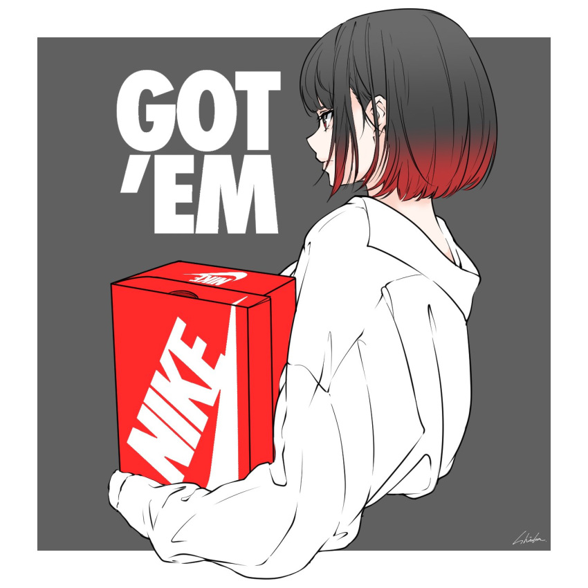 1girl, bambi_surprise, black_hair, border, box, collared_shirt, colored_tips, from_behind