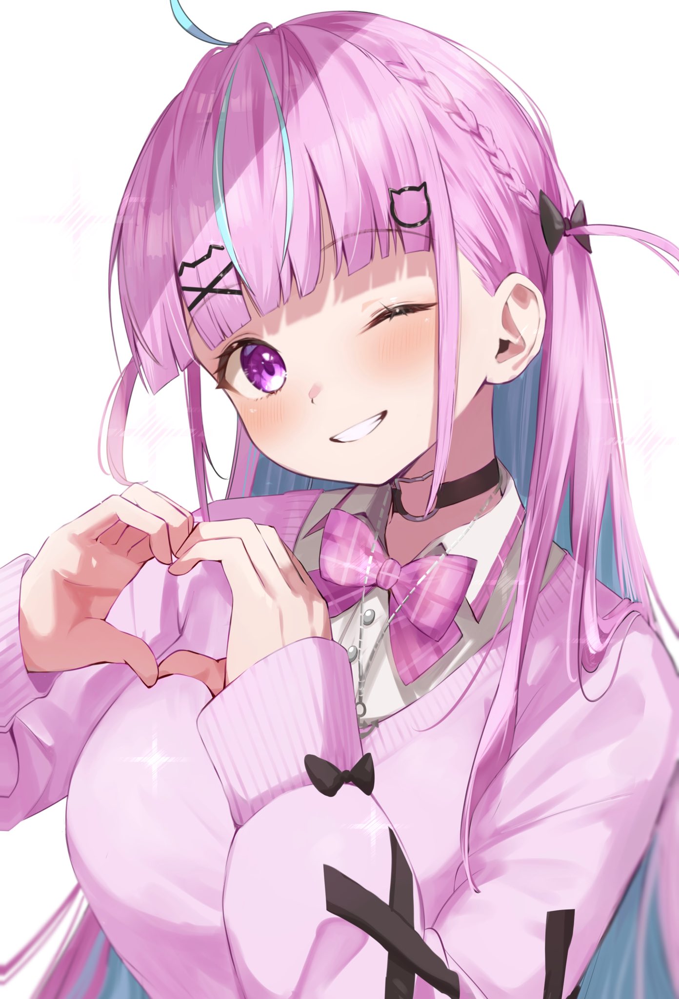 1girl, ;), ahoge, black_bow, black_choker, blue_hair, blunt_bangs, blush