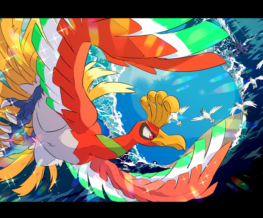 45_(maruyaki45), absurdres, animal_focus, beak, bird, commentary, feathers, flying