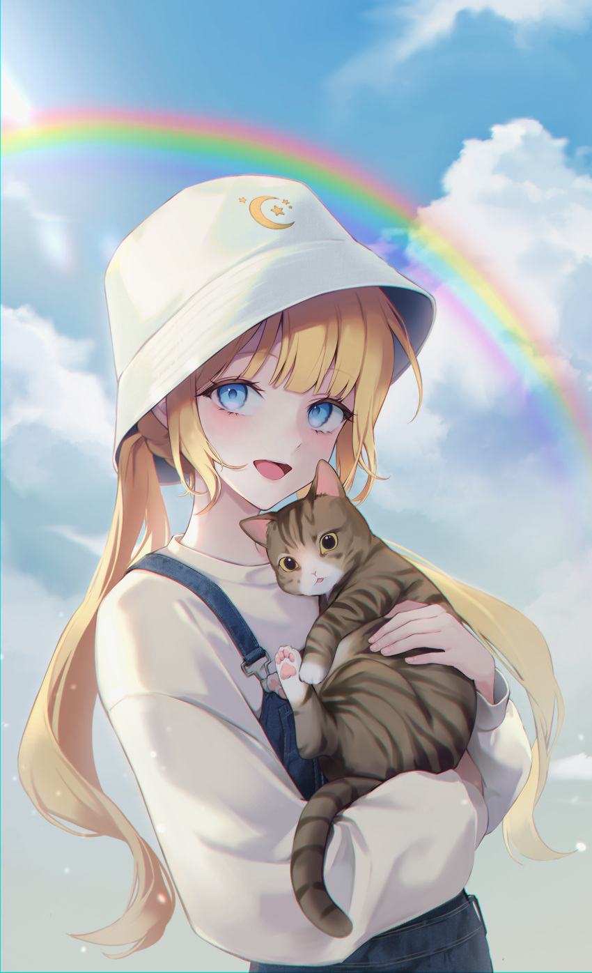 1girl, absurdres, animal, animal_hands, bbony_0_0, blonde_hair, blue_eyes, blue_overalls, blue_sky, blush, cat, cat_tail, clouds, commentary, commission, denim, hat, highres, holding, holding_animal, holding_cat, long_bangs, long_hair, long_sleeves, looking_at_viewer, low_twintails, open_mouth, original, outdoors, overalls, rainbow, shirt, sky, solo, sunlight, tail, twintails, white_headwear, white_shirt