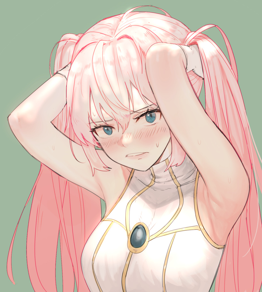 1girl, angelic_buster, armpits, arms_up, bare_shoulders, blue_eyes, blue_gemstone, blush