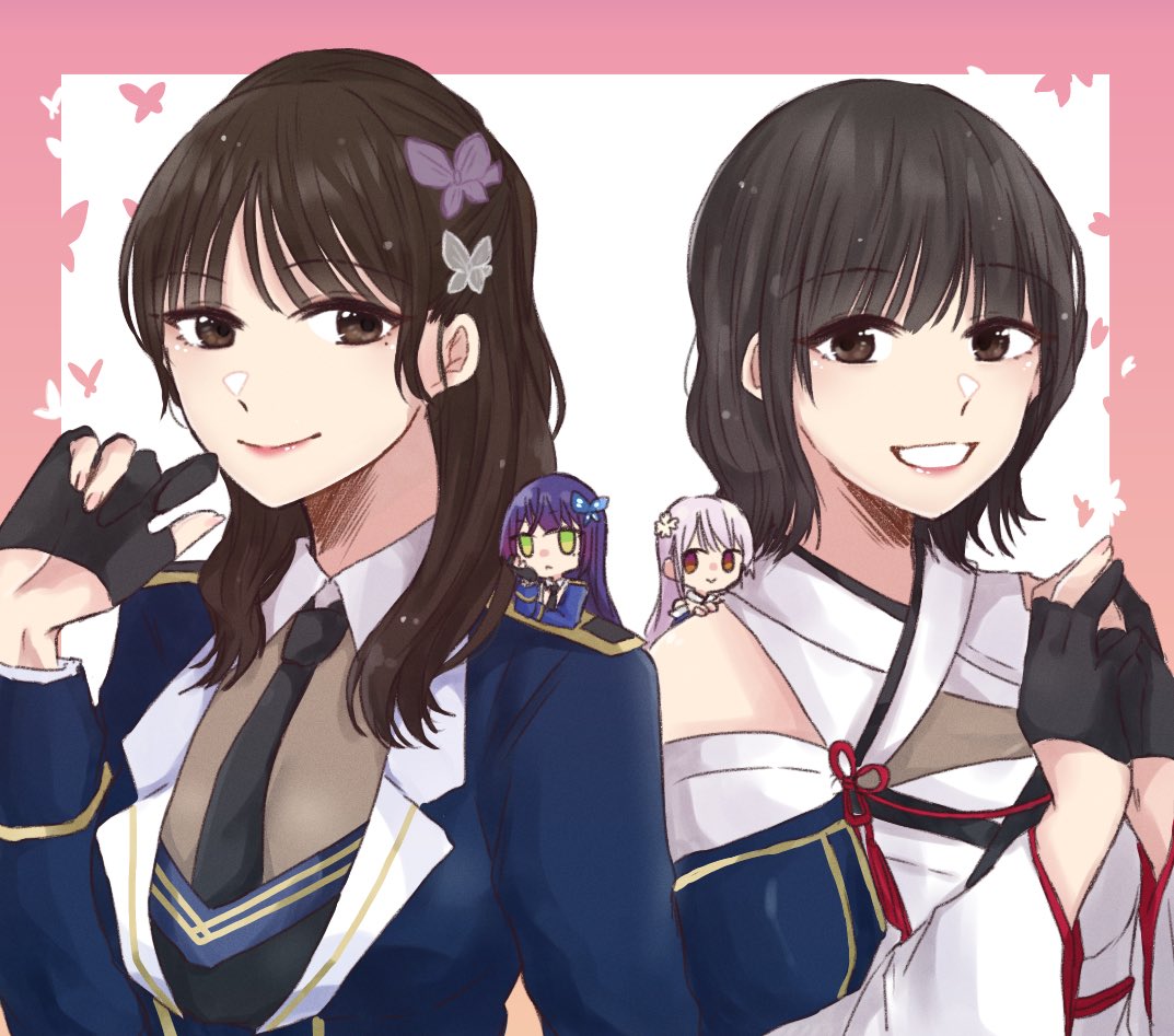 4girls, :>, :<, :d, arm_at_side, assault_lily, bare_shoulders, black_gloves