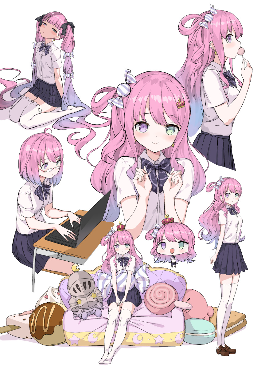 absurdres, bow, bowtie, candy_hair_ornament, chibi, computer, couch, crescent