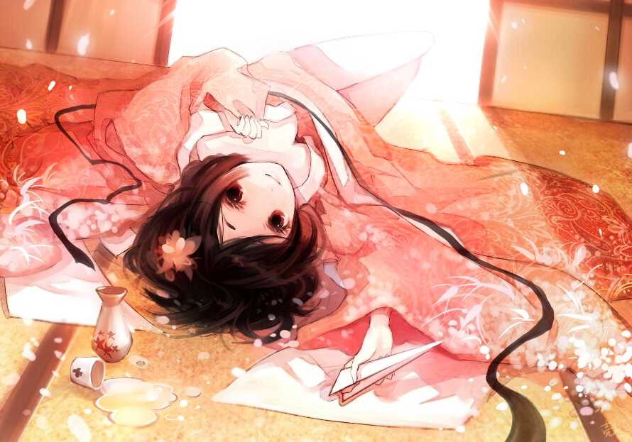 black_eyes, black_hair, breasts, cleavage, down_blouse, flower, genderswap, hair_flower