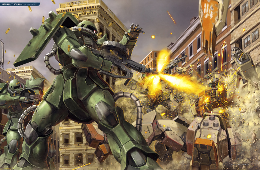 absurdres, battle, building, casing_ejection, city, day, firing, glowing