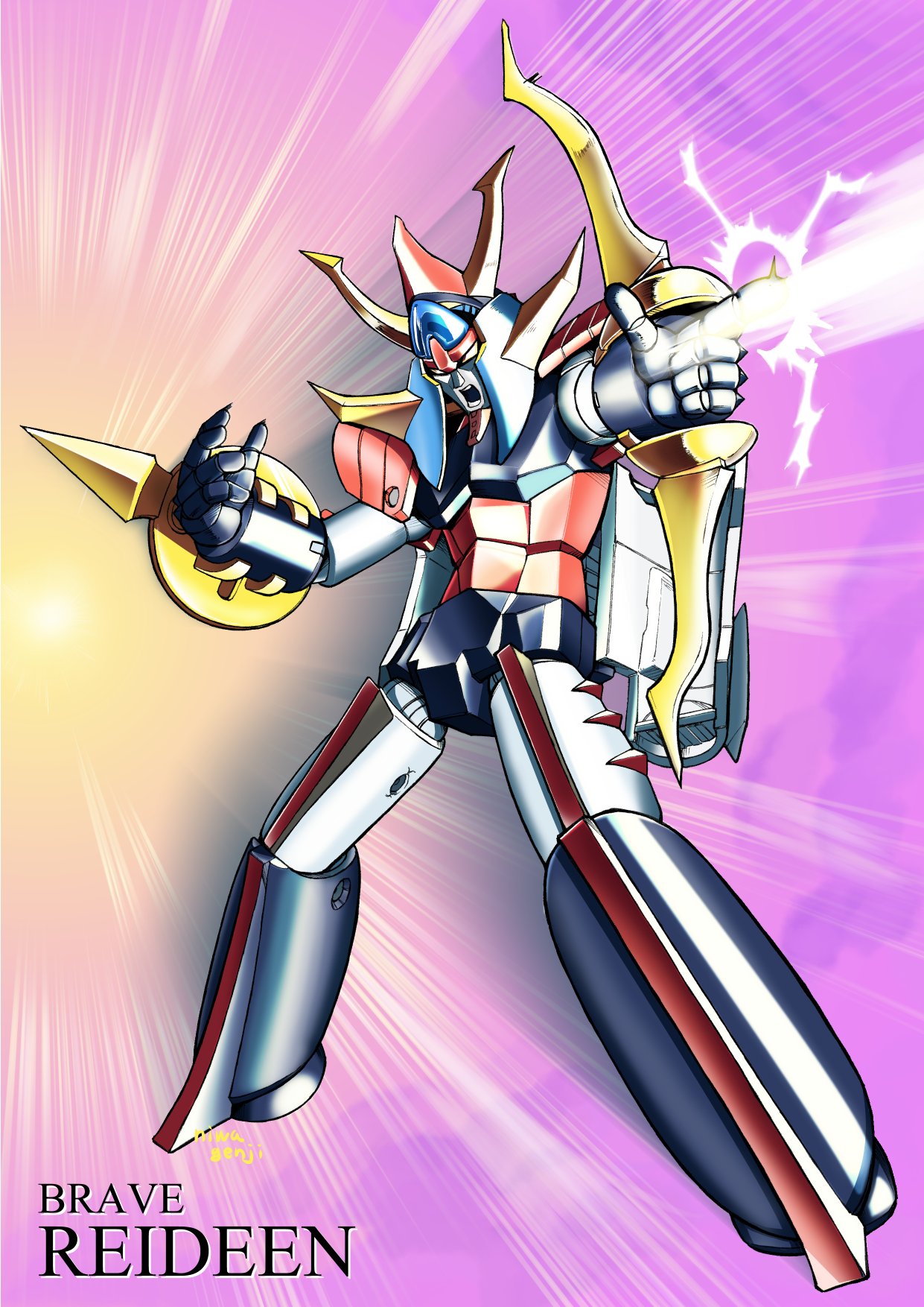 artist_name, copyright_name, finger_gun, full_body, highres, mecha, motion_lines, moukin_punch, no_humans, open_hand, open_mouth, raideen_(mecha), raideen_(series), robot, solo, super_robot, yellow_eyes, yuusha_raideen
