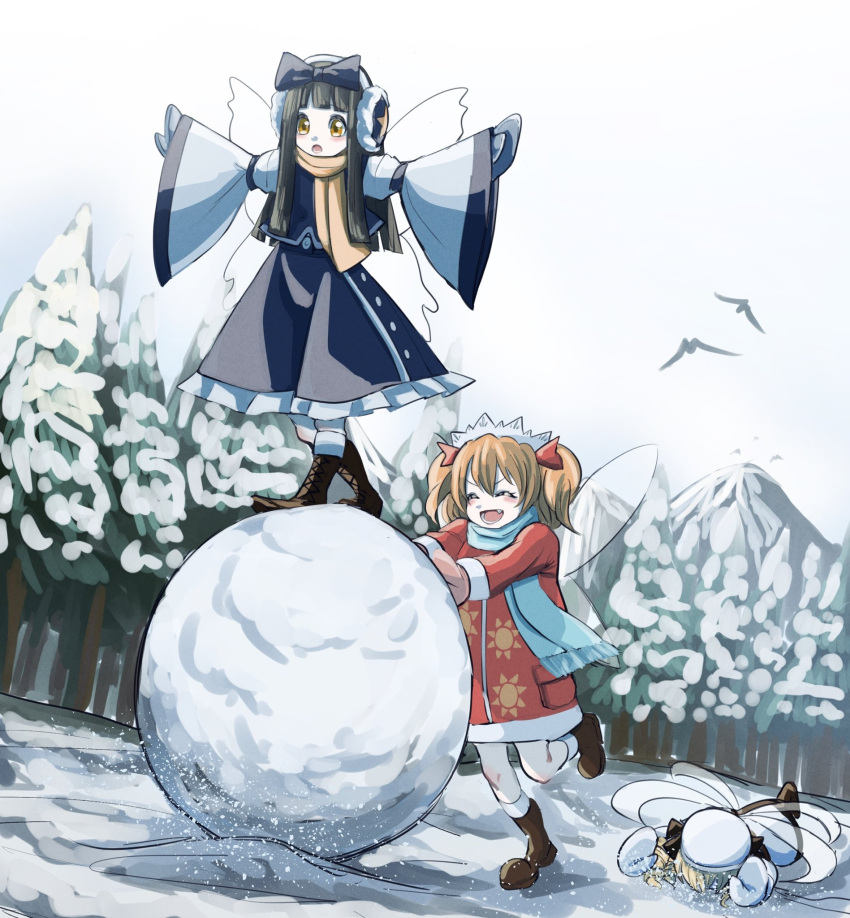 3girls, alinoce716, black_hair, blonde_hair, blue_scarf, closed_eyes, earmuffs, fairy_wings