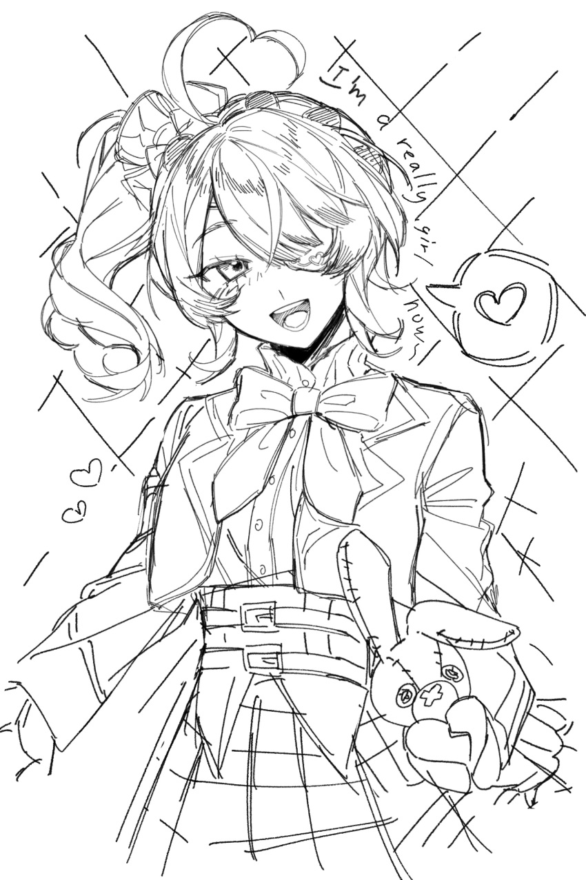 1girl, ahoge, belt, bow, collared_shirt, english_text, engrish_text, eyepatch