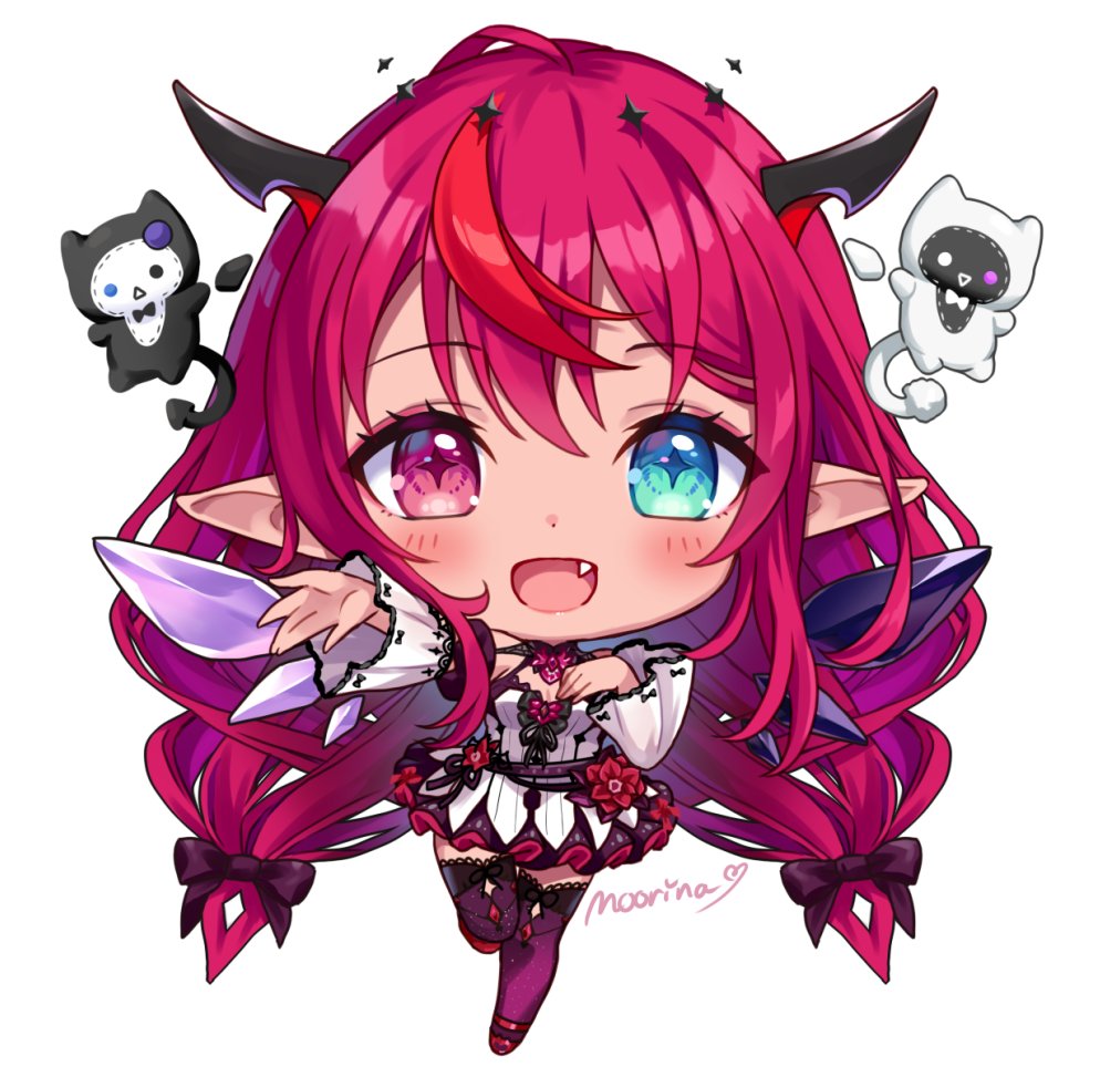 +_+, 1girl, :d, arm_up, artist_name, black_horns, bloom_(irys), blue_eyes