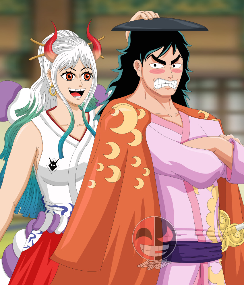 1boy, 1girl, absurdres, angry, artist_name, black_hair, blush, crossed_arms, earrings, highres, horns, japanese_clothes, jewelry, johnrap016, long_hair, momonosuke_(one_piece), multicolored_hair, one_piece, oni_horns, open_mouth, signature, smile, yamato_(one_piece)