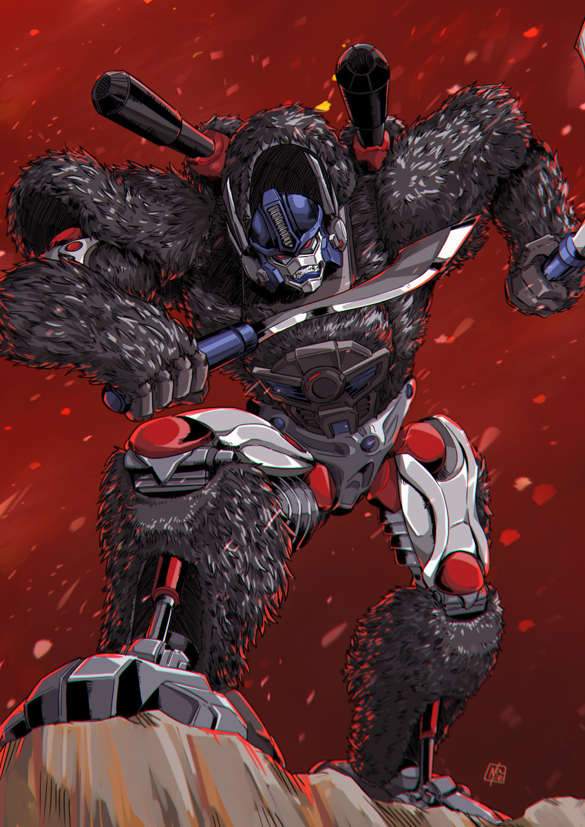 absurdres, beast_wars, beast_wars:_transformers, clenched_teeth, dual_wielding, head_tilt, highres, holding