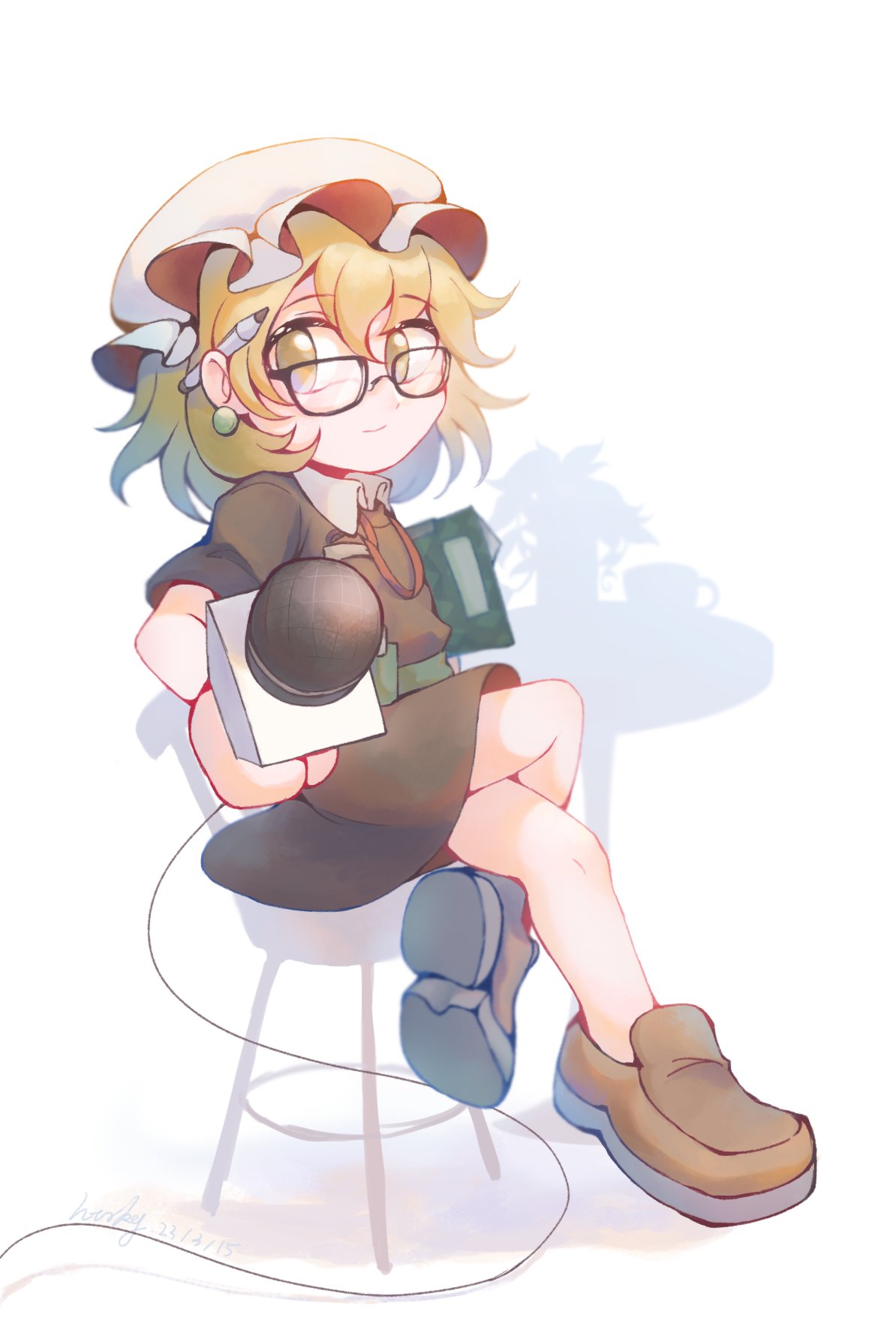 1girl, black-framed_eyewear, blonde_hair, brown_dress, brown_footwear, chair, closed_mouth, collared_dress