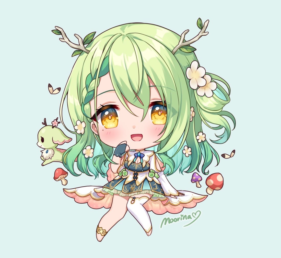 1girl, :d, anklet, antlers, artist_name, blue_dress, blue_ribbon, blush