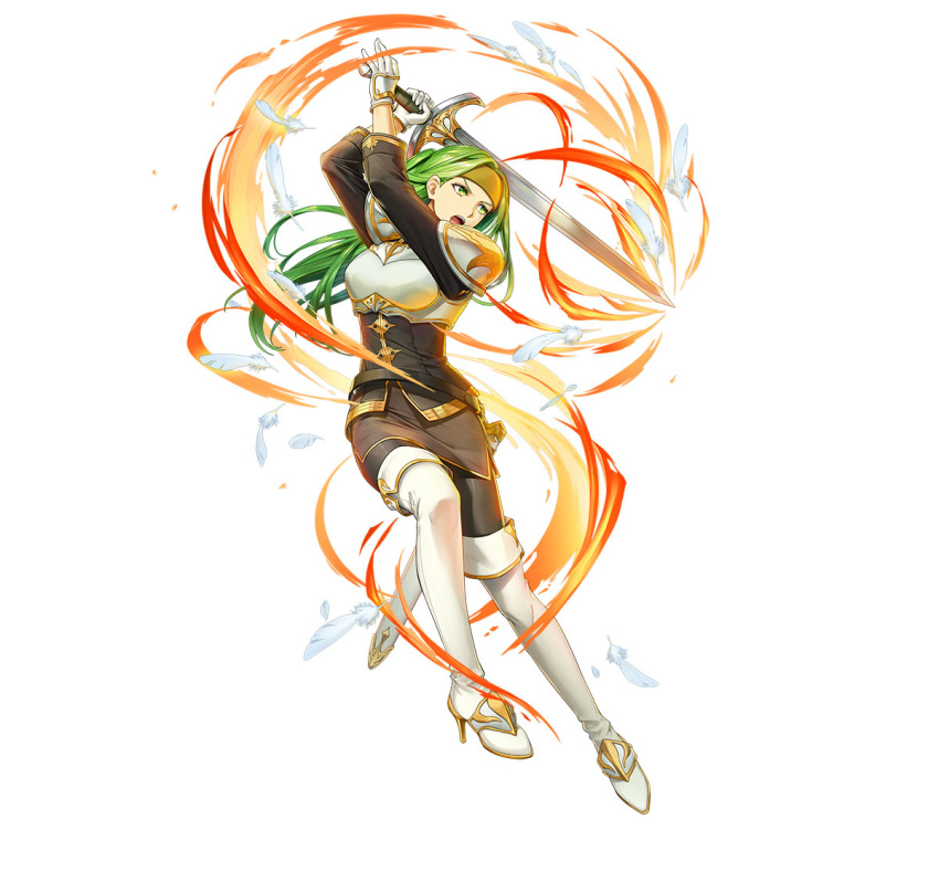 1girl, armor, belt, boots, breastplate, breasts, dress, feathers